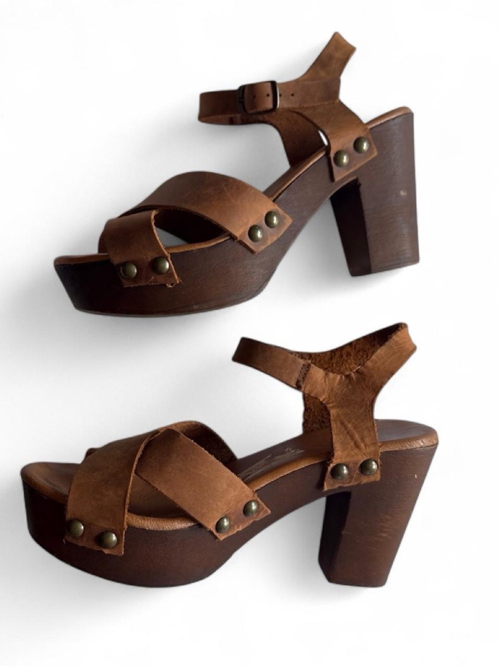 Italian Brown Leather Platform Sandal Chunky Heel Ankle Strap Brass Nailhead 8.5 - Picture 2 of 7